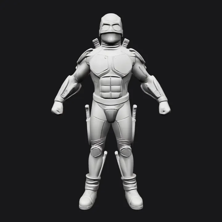 Armored superhero with swords on back. sharp edges, smooth edges, complex geometry, character, symmetric geometry.