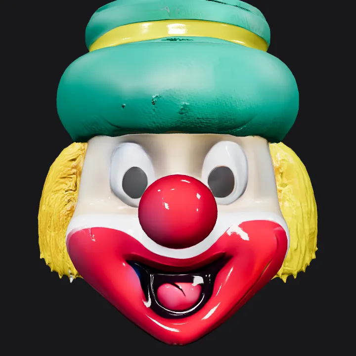 clown head toy with green hat and yellow hair. smooth edges, complex geometry, character.