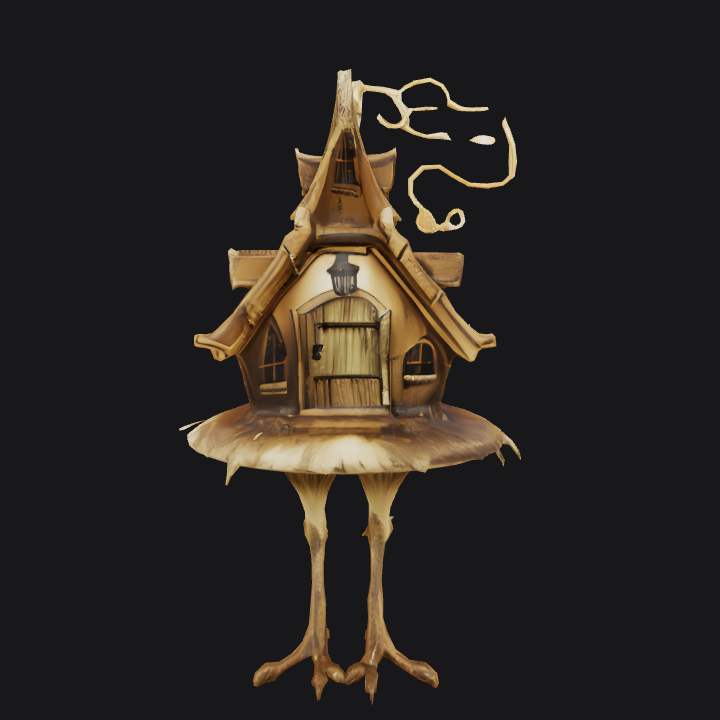 fantasy house with bird legs. complex geometry, sharp edges.