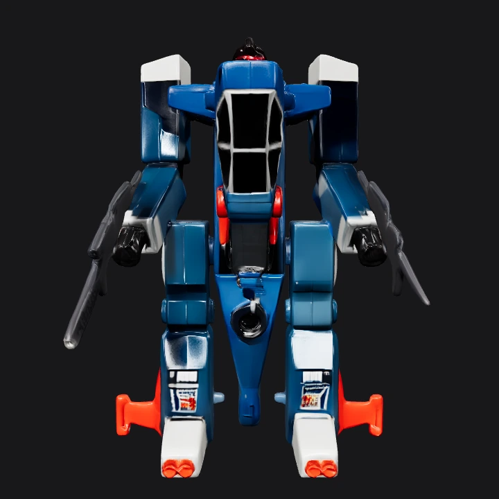 Blue robot toy with red accents. sharp edges, simple geometry, character, symmetric geometry.