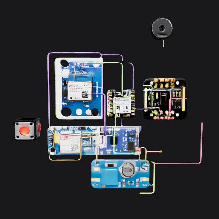 Electronic circuit board with sensors and modules. sharp edges, complex geometry.