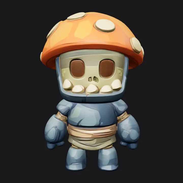 cartoon mushroom-headed skeleton character. smooth edges, complex geometry, game-ready, character, symmetric geometry.