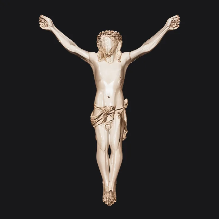 Crucified human figure sculpture. complex geometry, character, symmetric geometry.
