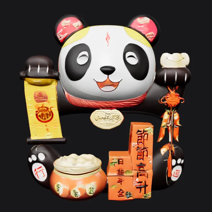 Decorative cartoon panda with festive ornaments. smooth edges, complex geometry, game-ready, character.