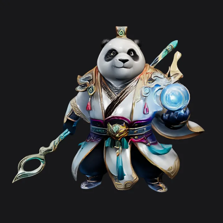 Anthropomorphic panda sorcerer with staff and orb. complex geometry, sharp edges, game-ready, character.