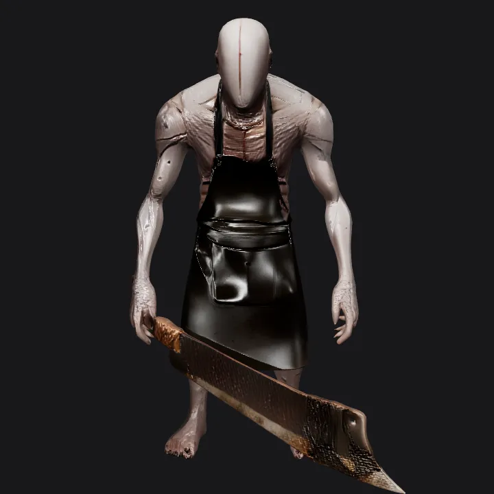 Grotesque humanoid with apron and large sword. complex geometry, sharp edges, game-ready, character.