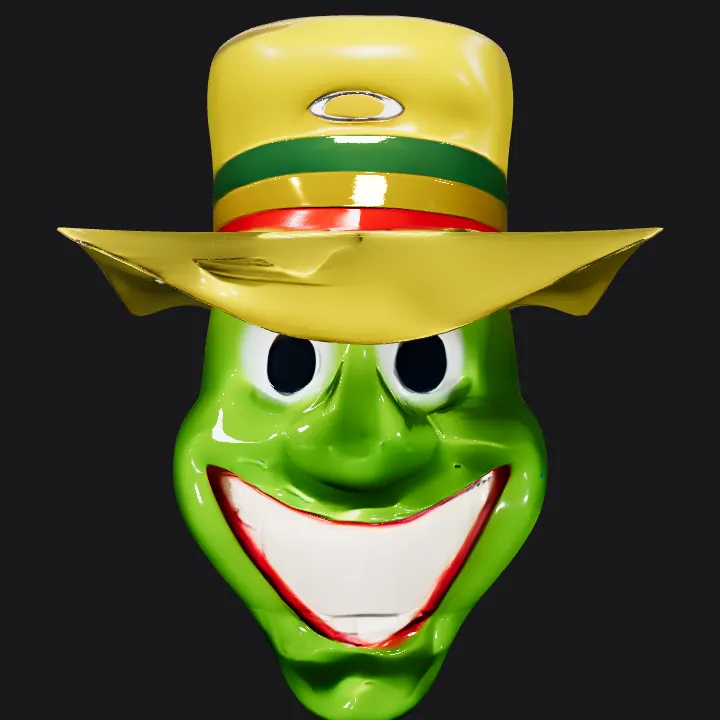 Green smiling cartoon face with yellow hat. smooth edges, simple geometry, character, symmetric geometry.