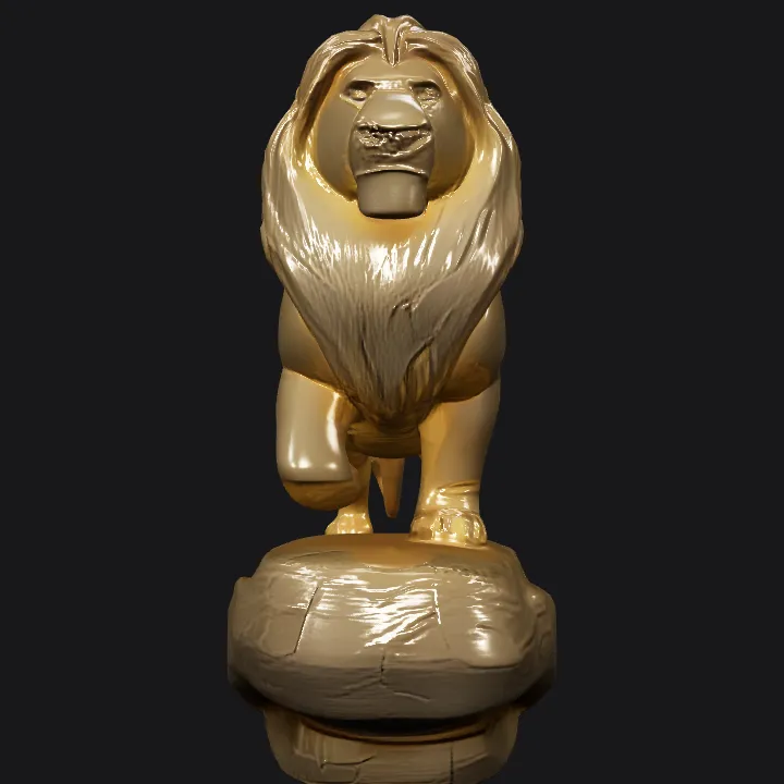 Gold lion statue on a rock. sharp edges, complex geometry, character.