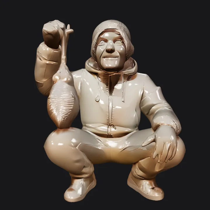 Squatting person holding an object. complex geometry, smooth edges, character.