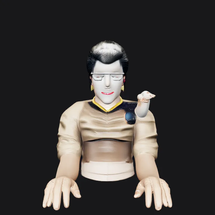 Person working at desk. complex geometry, character.