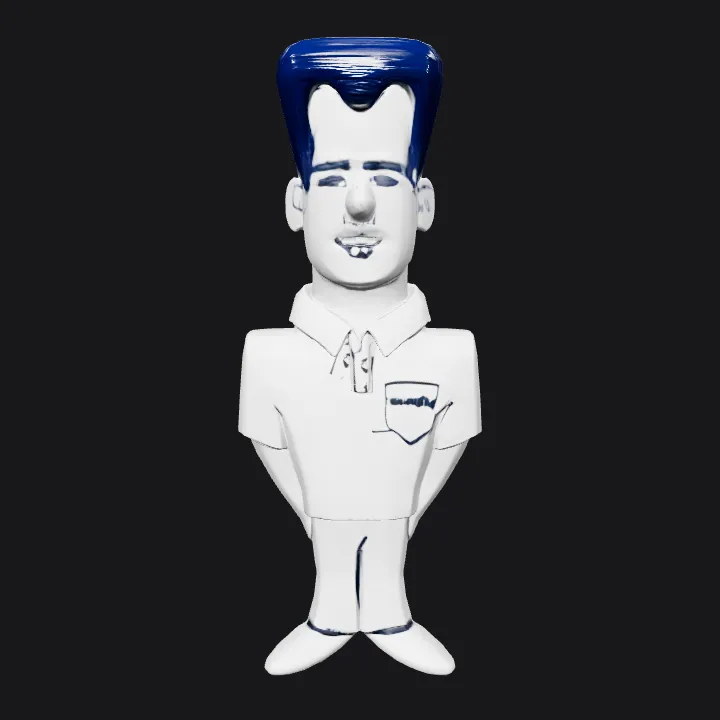 Cartoon man with blue hair and polo shirt. smooth edges, simple geometry, character, symmetric geometry.