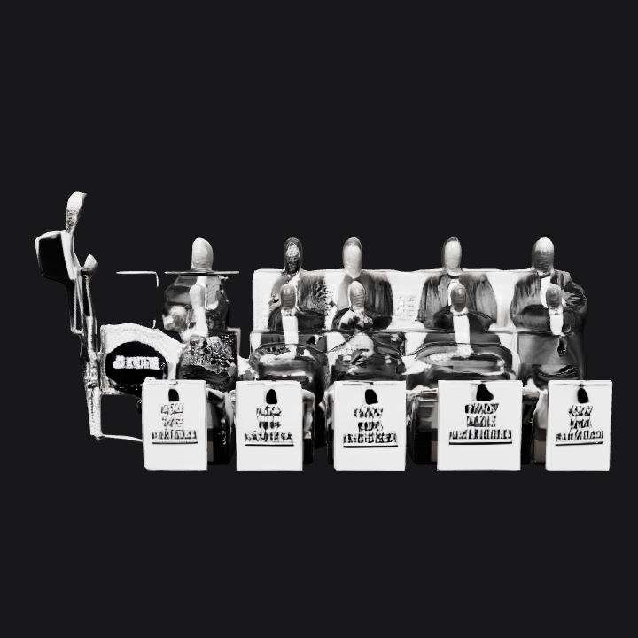 Big band orchestra performing on stage. complex geometry, character.