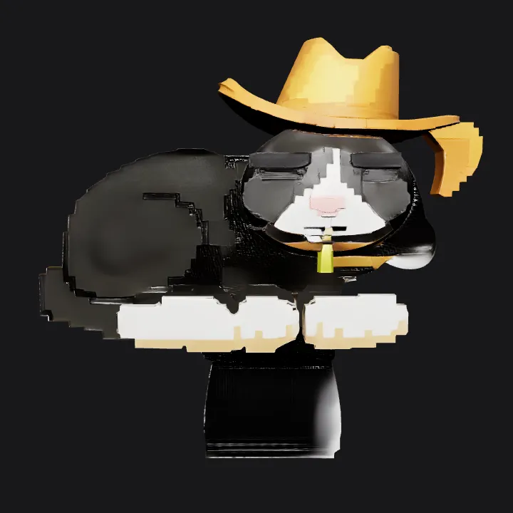 Sleeping cat wearing cowboy hat. simple geometry, smooth edges, game-ready, character.