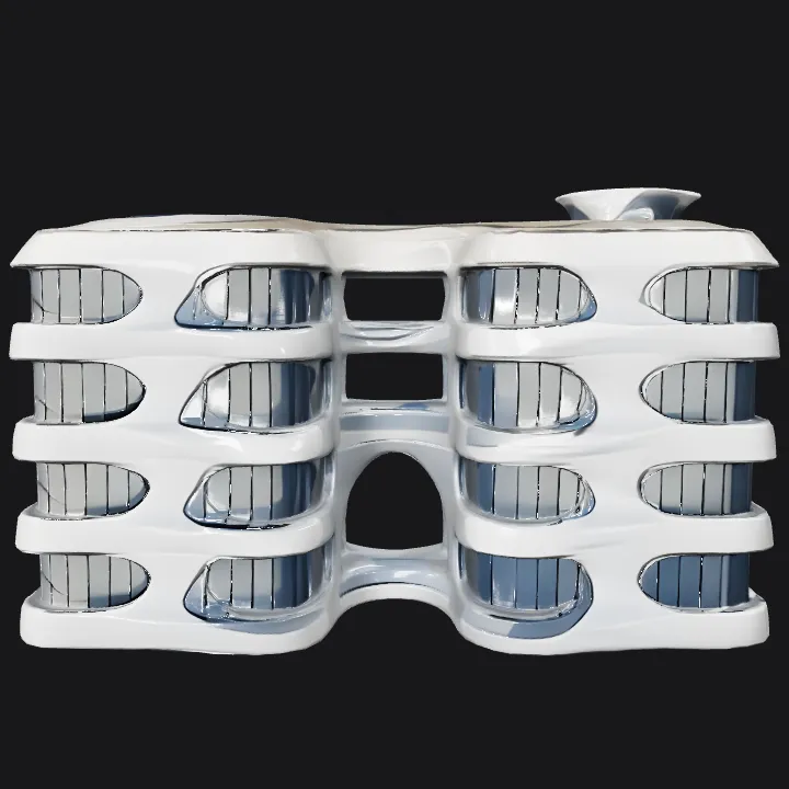 Futuristic multi-story office building. complex geometry, sharp edges.