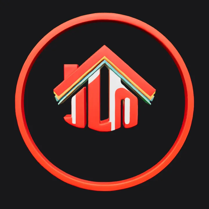 House-shaped logo with red and rainbow colors. sharp edges, simple geometry, symmetric geometry.