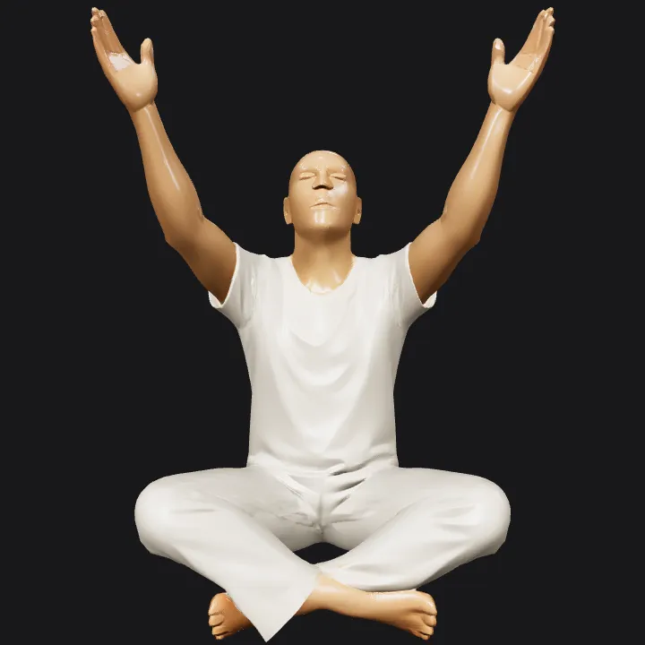 person sitting cross-legged with arms raised. smooth edges, complex geometry, character.