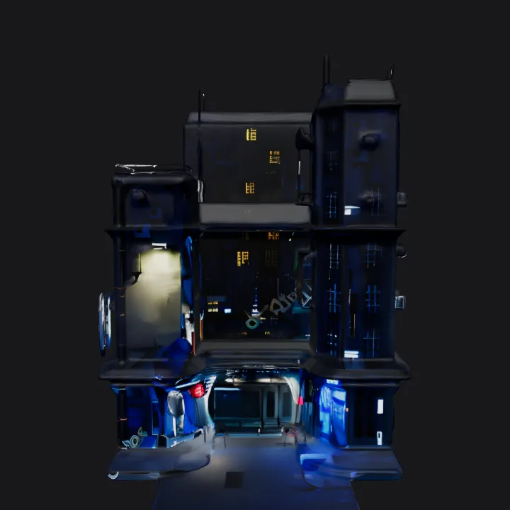 Nighttime city street scene with buildings. sharp edges, complex geometry.