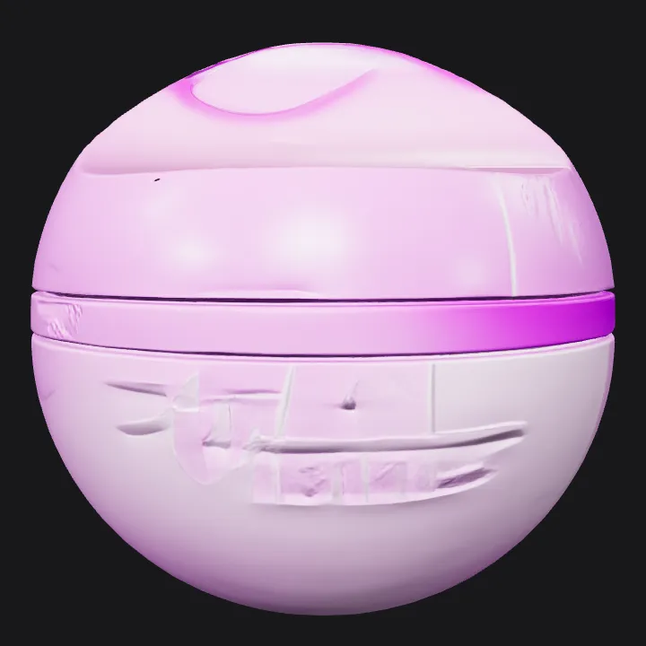shiny purple sphere with slight dent. smooth edges, simple geometry.