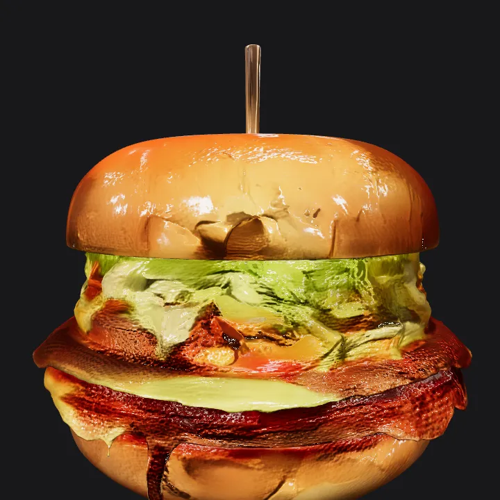 A hamburger on a white plate. complex geometry, smooth edges.