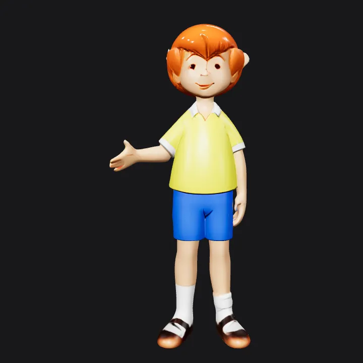 Cartoon boy pointing to side. smooth edges, simple geometry, character.