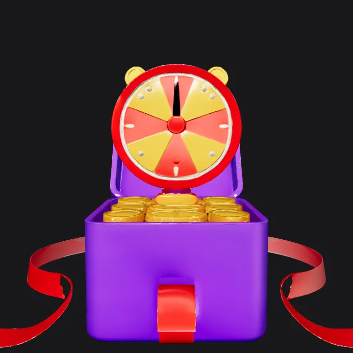 Lucky box with coins and spinning wheel. smooth edges, simple geometry, game-ready.