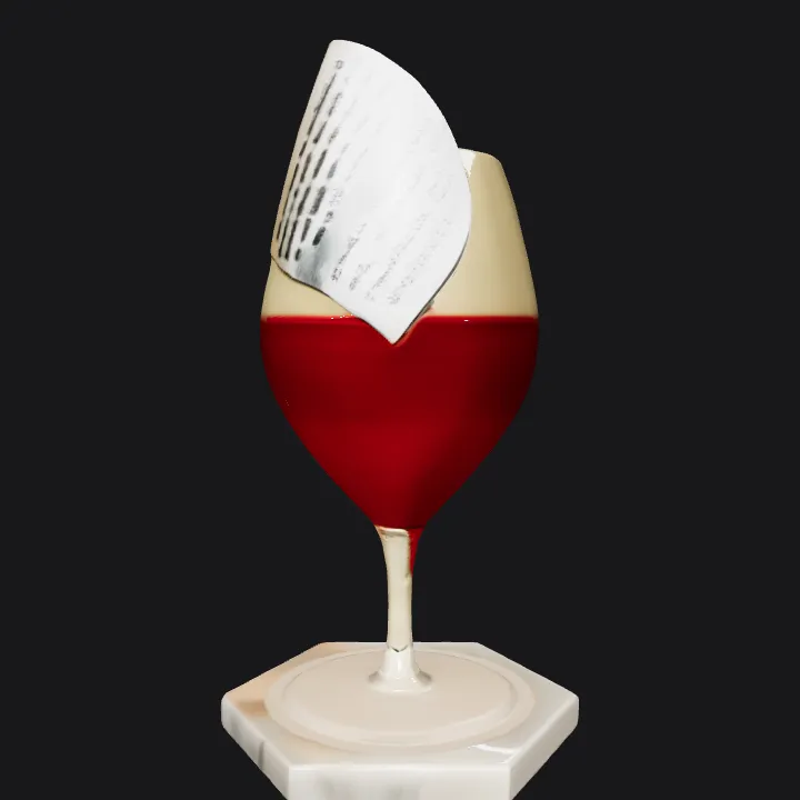 wine glass with a note attached. smooth edges, simple geometry, symmetric geometry.