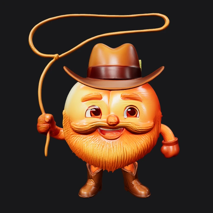 Cowboy peach fruit cartoon character. complex geometry, smooth edges, game-ready, character.