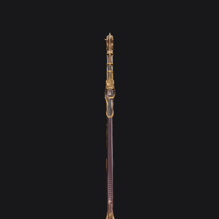 ornate fantasy staff with gold details. sharp edges, complex geometry.