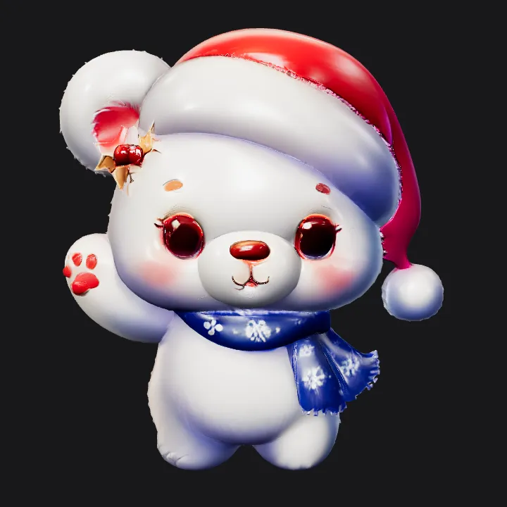 White bear with Santa hat. smooth edges, complex geometry, character.