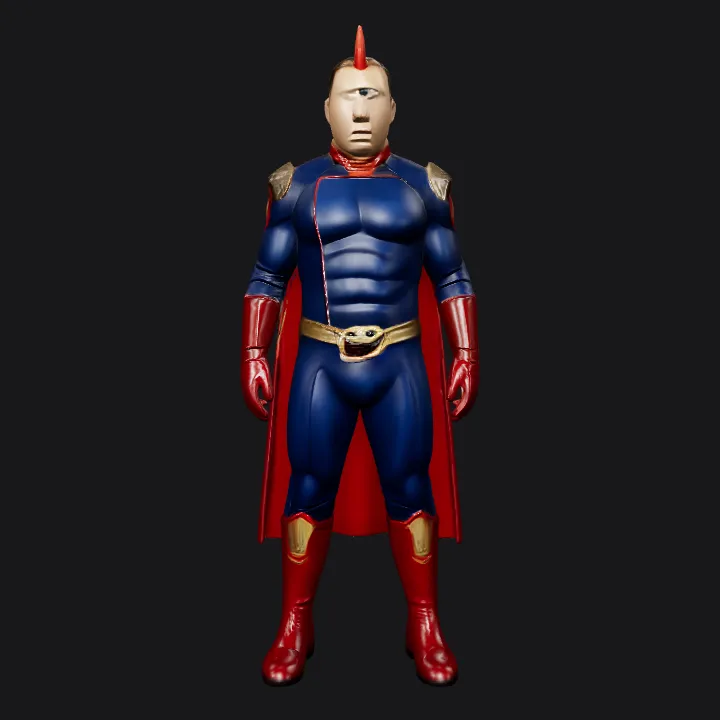 Superhero in blue costume and red cape. complex geometry, character.
