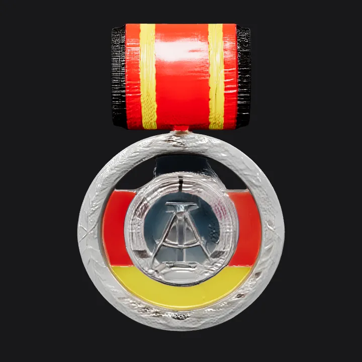 East German medal with national colors. sharp edges, smooth edges, simple geometry, symmetric geometry.