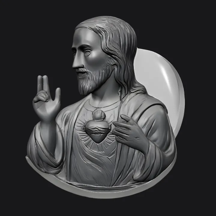 Relief sculpture of a robed figure with sacred heart. smooth edges, complex geometry, character.