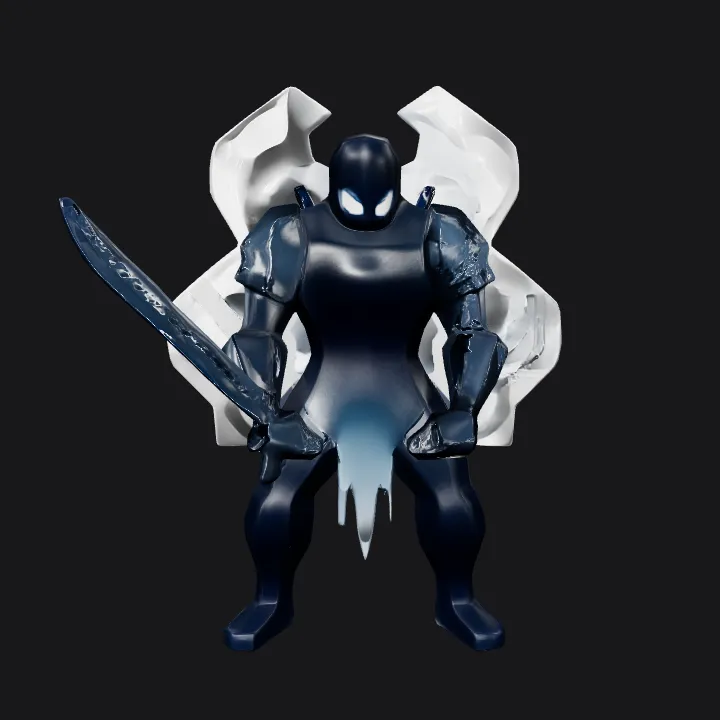 Pixelated shadowy armored warrior with sword. sharp edges, simple geometry, game-ready, character.
