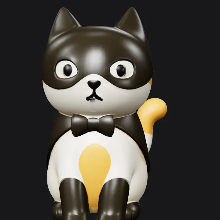 Cartoon cat figure with bow tie. smooth edges, simple geometry, game-ready, character, symmetric geometry.