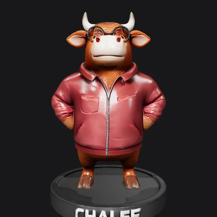 Anthropomorphic bull character wearing glasses and jacket. smooth edges, complex geometry, game-ready, character.