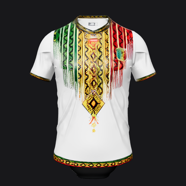 Colorful Mexican-themed soccer jersey. sharp edges, complex geometry, symmetric geometry.