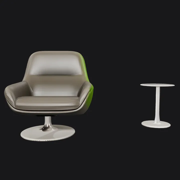 Modern lounge chairs and small side table. smooth edges, simple geometry, symmetric geometry.
