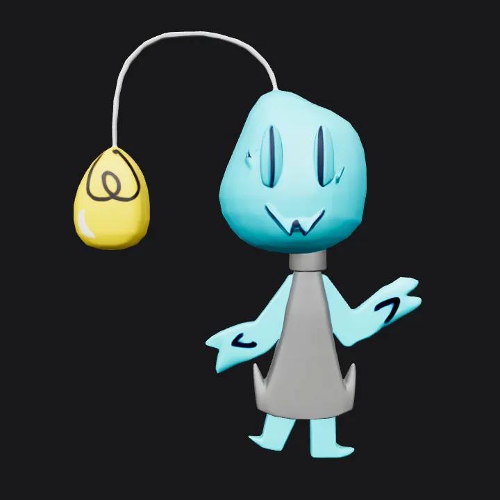 cartoon blue character with yellow light bulb. smooth edges, simple geometry, character.