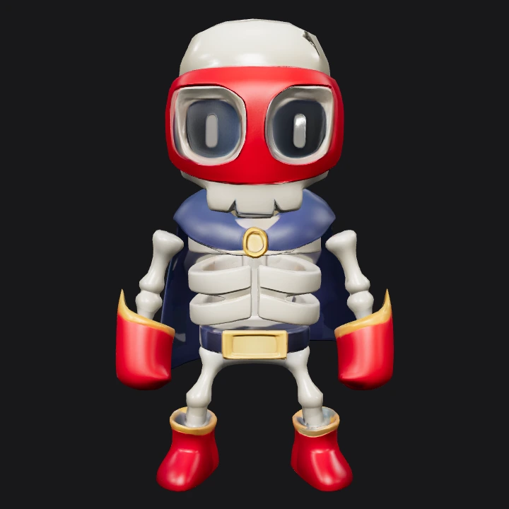 Cartoon skeleton superhero character. simple geometry, game-ready, character.
