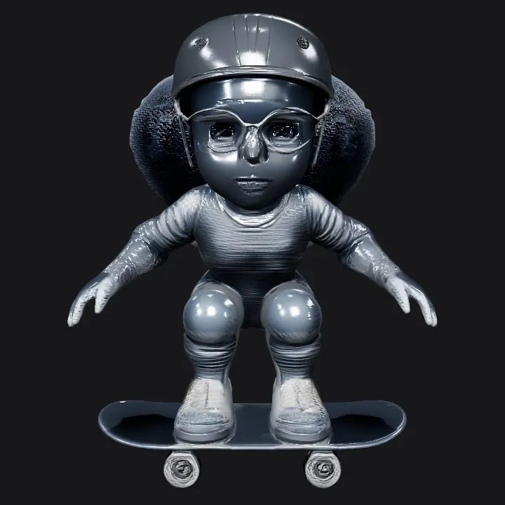 Person riding a skateboard statue. complex geometry, smooth edges, character.