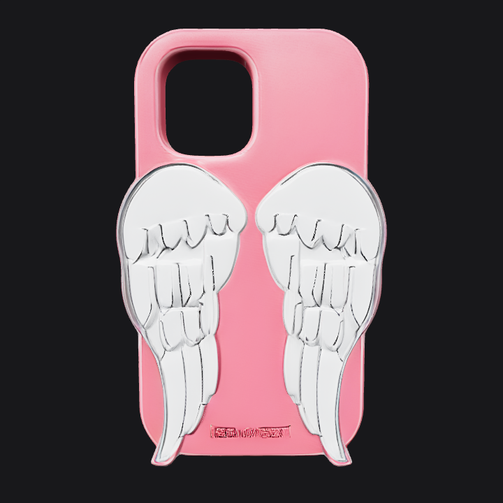 Pink phone case with angel wings. smooth edges, simple geometry, game-ready, symmetric geometry.
