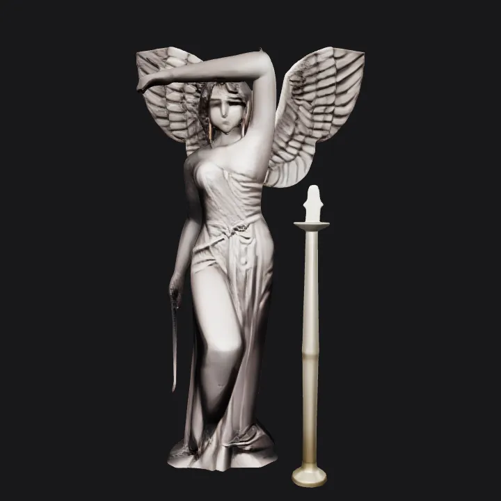 Winged angel statue with candle stand. smooth edges, complex geometry, character.
