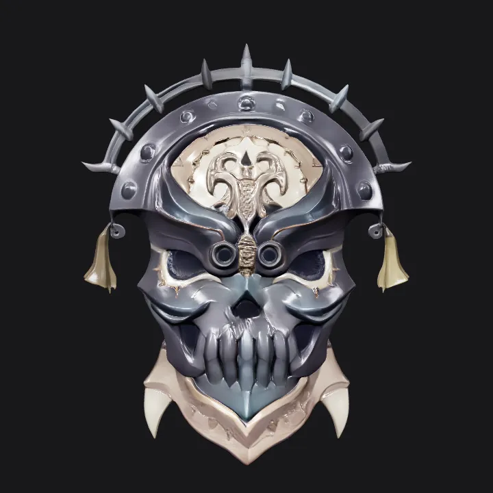 ornate fantasy skull mask with metallic elements. sharp edges, complex geometry, game-ready, symmetric geometry.