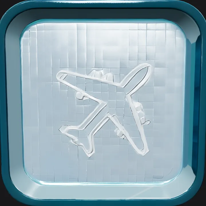 Glass block with airplane symbol. sharp edges, smooth edges, simple geometry, game-ready, symmetric geometry.