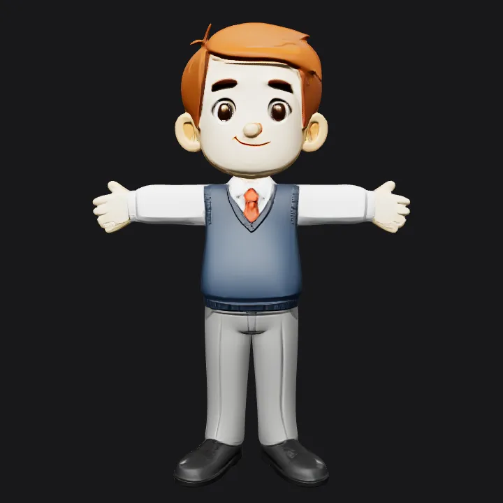 Cartoon boy standing with arms outstretched. smooth edges, simple geometry, game-ready, character, symmetric geometry.