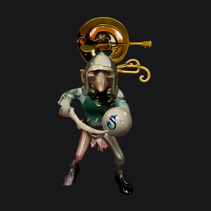 Goblin warrior with helmet and sword. complex geometry, sharp edges, character.