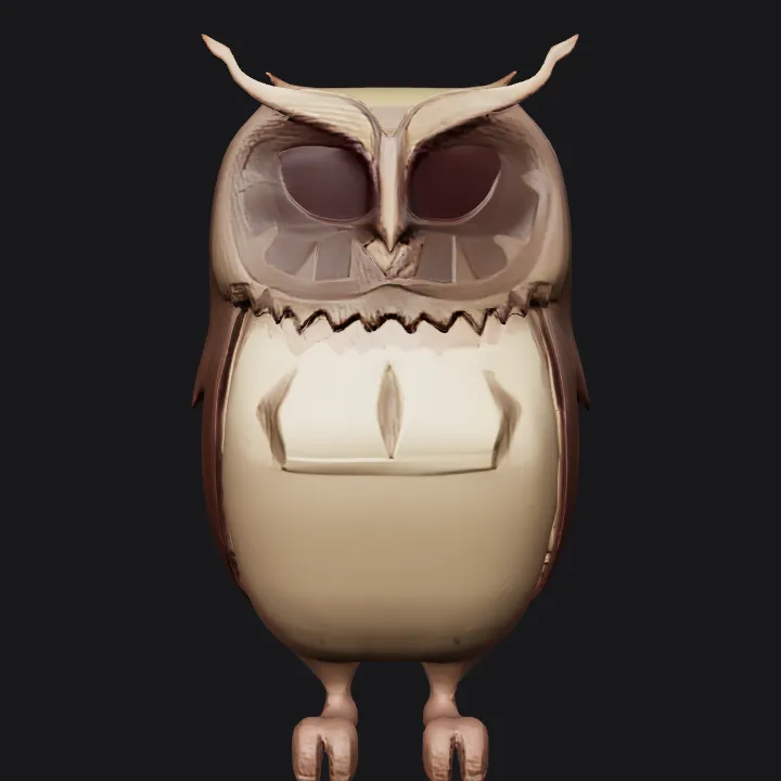Cartoon style standing owl figure. smooth edges, simple geometry, game-ready, character, symmetric geometry.