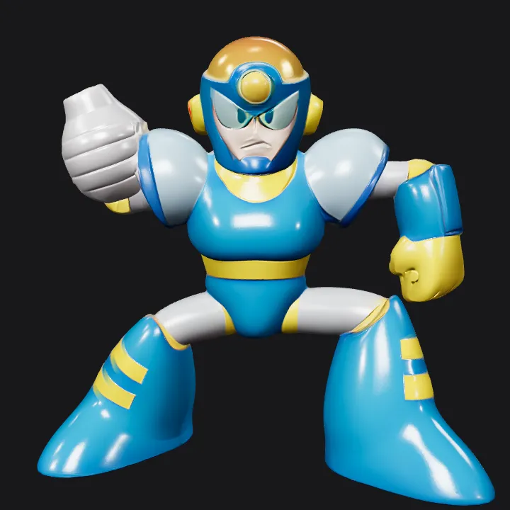 blue and yellow armored figure with arm cannon. smooth edges, complex geometry, game-ready, character, symmetric geometry.