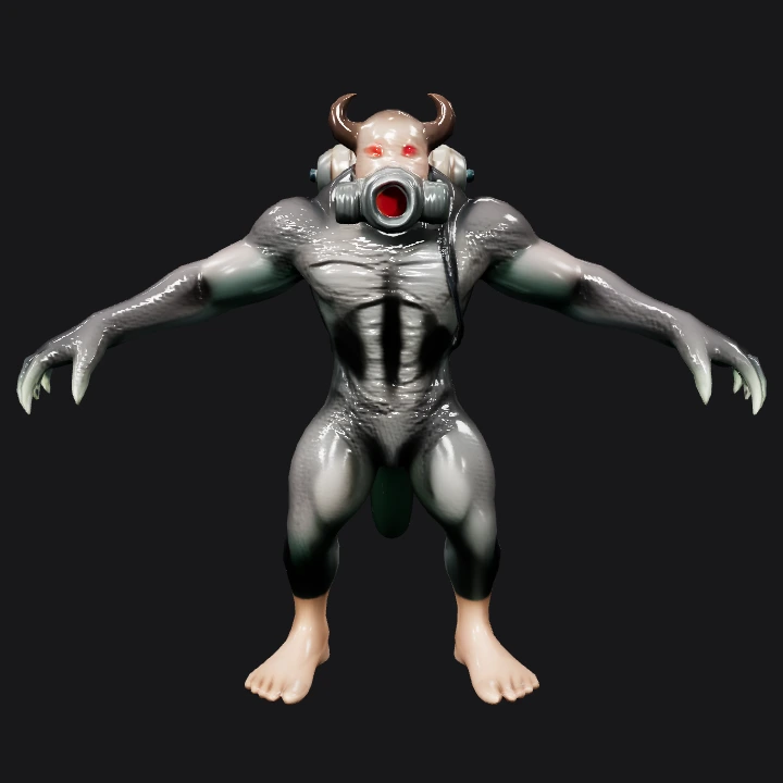 Humanoid demon with gas mask and backpack. complex geometry, sharp edges, game-ready, character.