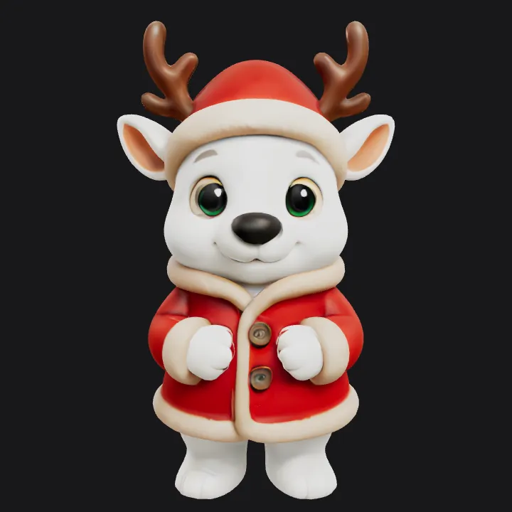 Cute reindeer in Santa outfit. smooth edges, simple geometry, game-ready, character, symmetric geometry.